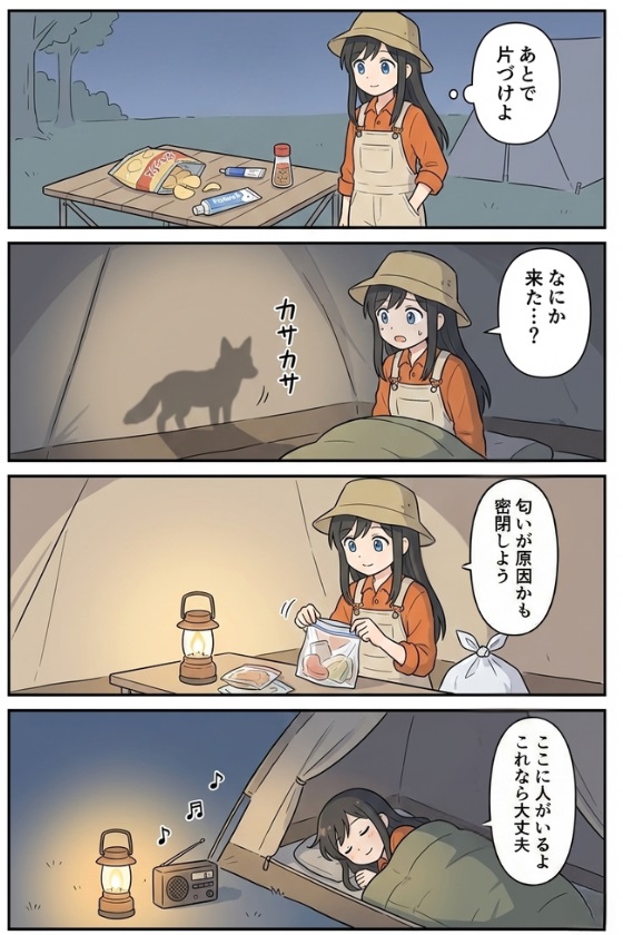 食べ物やゴミを出しっぱなしにして物音に驚いたAoiさんが、密閉とゴミ管理で対策し、灯りと控えめな音で安心して眠る4コマ漫画