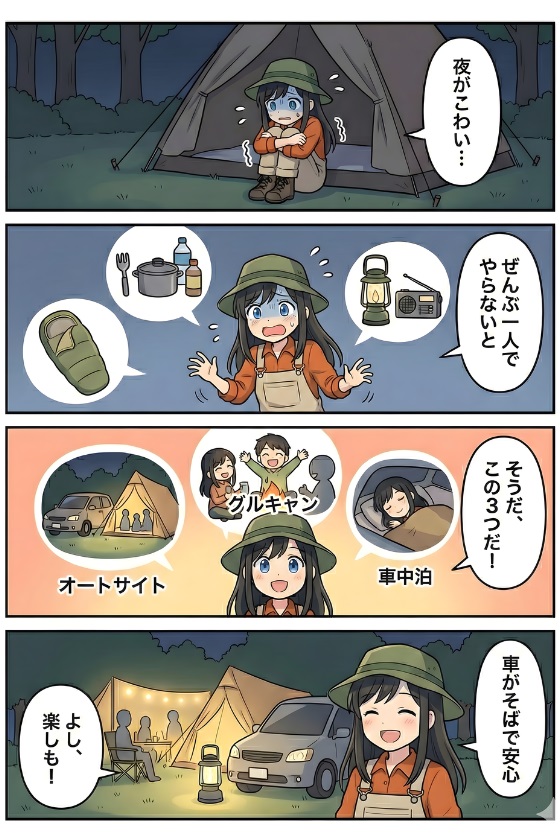 夜がこわいAoiさんが『一人で全部やらなきゃ』と焦えるが、オートサイト・グルキャン・車中泊という選択肢を知り、車がそばのオートサイトで安心して笑う4コマ漫画