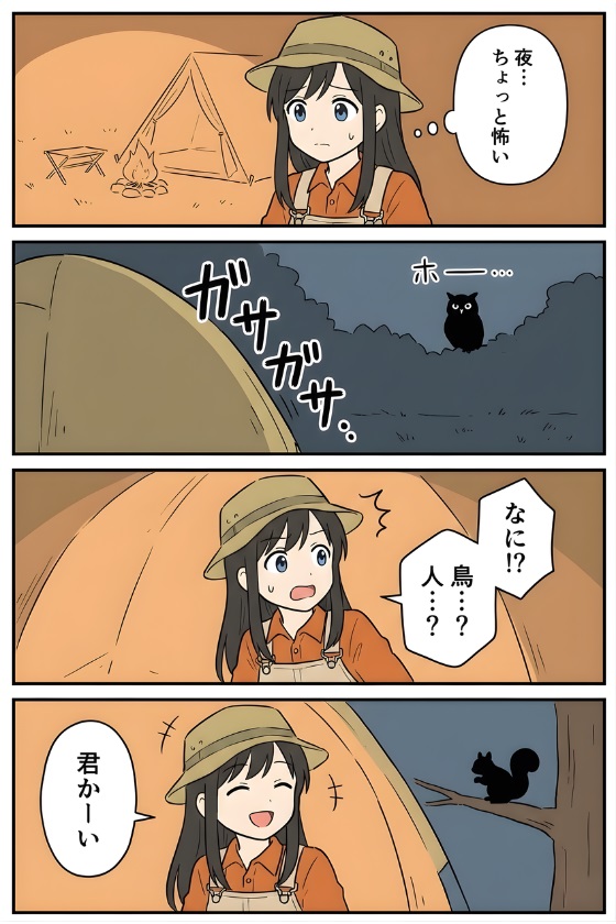 夕方に不安になるAoiさんが、夜のガサガサ音とフクロウの声に驚き、正体が小動物だと分かって笑顔になる4コマ漫画