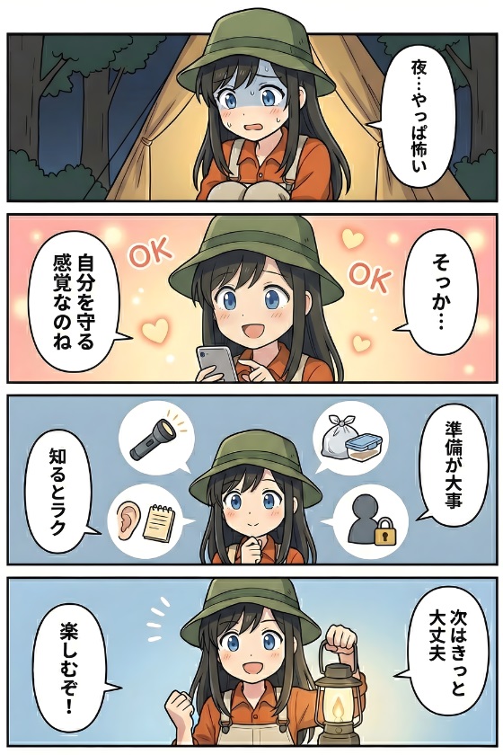 夜が怖いAoiさんが『怖くていい』と気持ちを受け止め、暗さ・音・動物・防犯の対策を整理して、次は大丈夫と前向きになる4コマ漫画