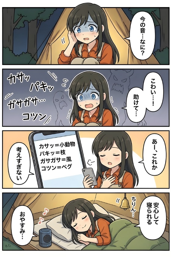 テント外のカサッ・パキッなどの音に驚くAoiさんが、スマホで原因を確認して考えすぎをやめ、控えめな音で安心して眠る4コマ漫画